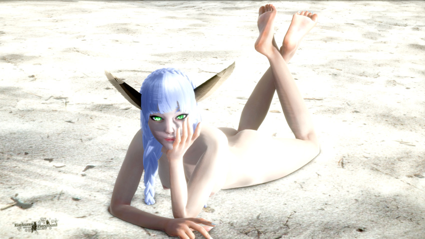 3d beach beach_background blue_hair feet feet_up female female_only golden_sun golden_sun_dark_dawn green_eyes laying laying_on_ground laying_on_stomach legs long_ears looking_at_viewer naked naked_female nude nude_female riaykuras_playground self_upload solo sveta sveta_(golden_sun) white_nail_polish white_nails