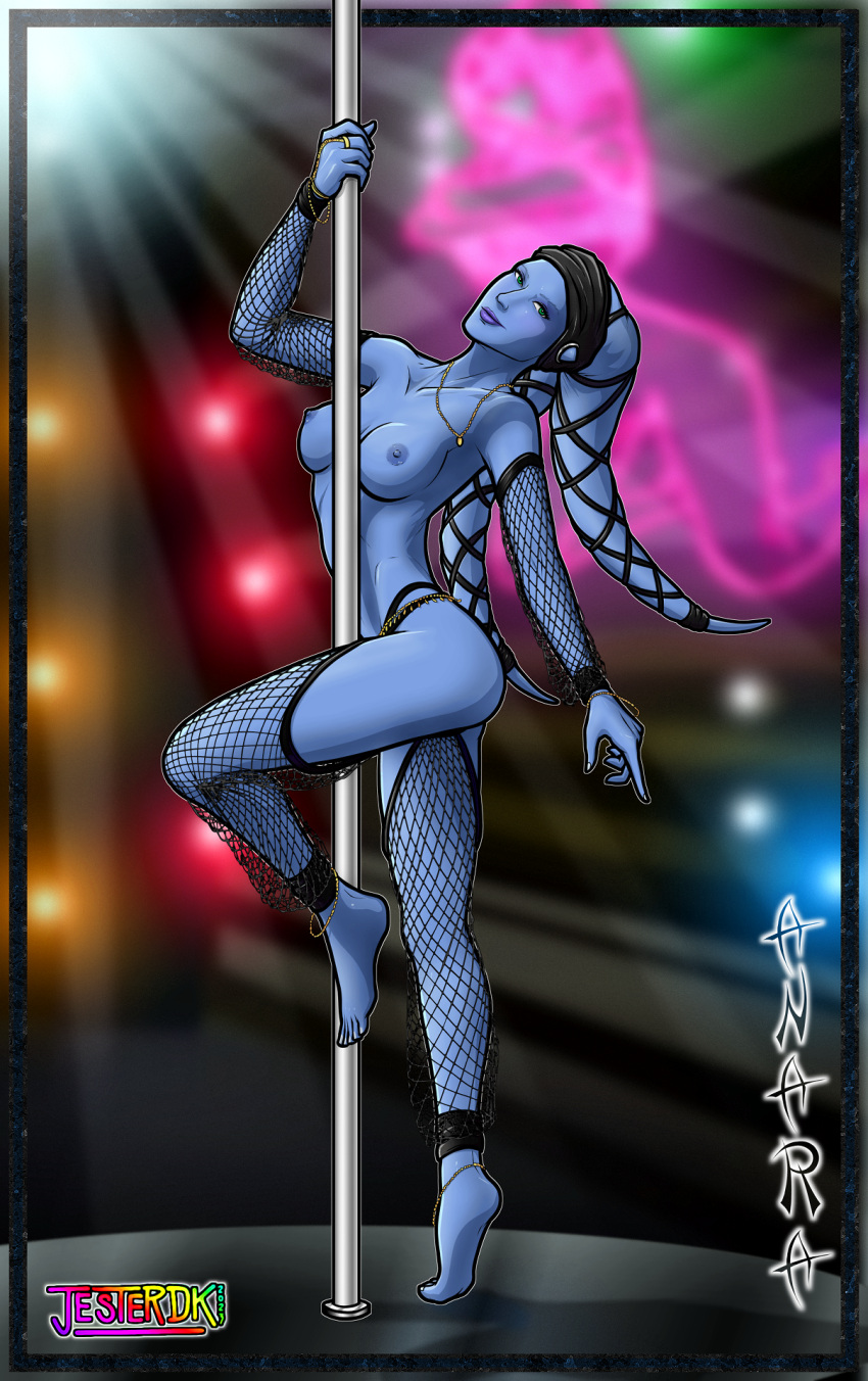 barefoot blue_skin dancer dancer_outfit dancing detached_sleeves femsub fishnet_armwear fishnet_legwear green_eyes harem_girl harem_outfit headwear jesterdk large_breasts necklace original_character star_wars stripper stripper_pole submissive_female twi'lek