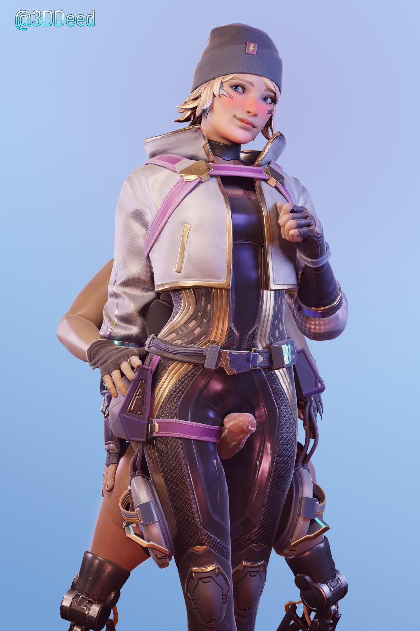 3d 3d_(artwork) 3ddeed apex_legends blender blender_(software) blender_eevee blush cum cum_on_clothes cum_on_thighs cute fully_clothed natalie_paquette octane_(apex_legends) thigh_sex wattson_(apex_legends)