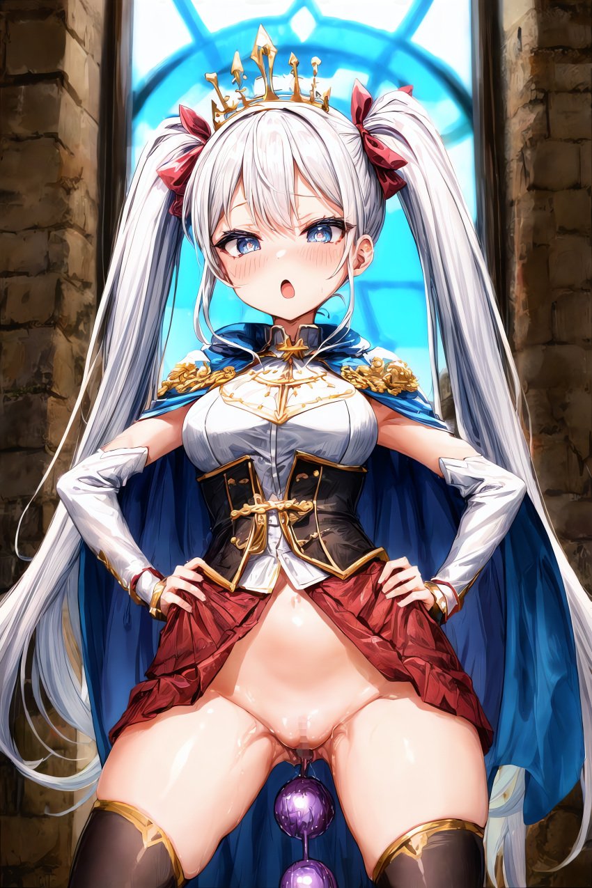 1girls :o ai_generated anal anal_beads anal_only anus ass_focus blush blush female female_focus female_only huge_anal_beads nashikone tagme tiara twintails white_hair