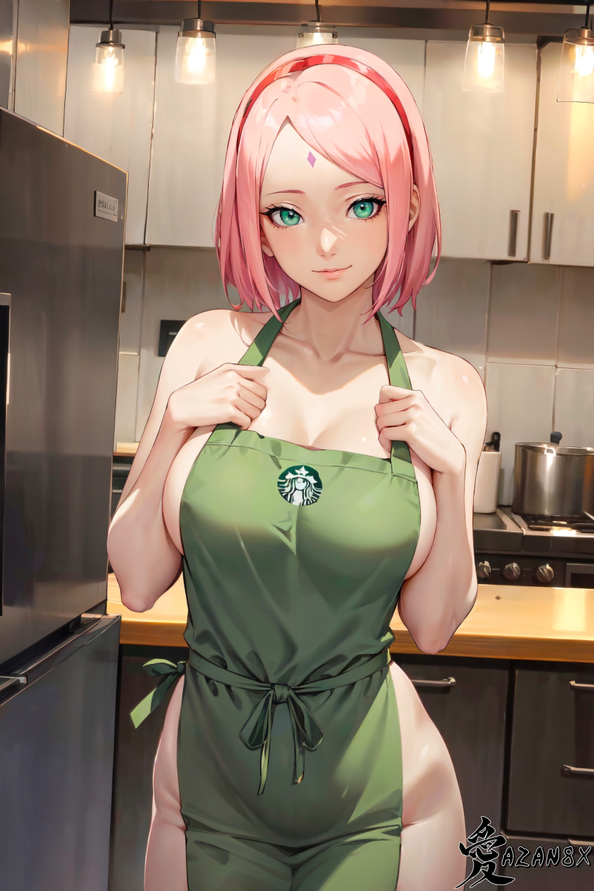 1girls adjusting_clothes ai_generated almost_naked apron apron_only artist_name azanx8 barely_clothed barista big_breasts boruto:_naruto_next_generations breasts cleavage collarbone curvaceous facial_mark forehead_mark front_view green_apron green_eyes indoors kitchen light-skinned_female light_skin looking_at_viewer mature mature_female meme_attire milf mostly_nude nai_diffusion naked_apron naruto naruto_(series) no_bra no_panties petite pink_hair pinup sakura_haruno smile solo solo_focus stable_diffusion standing starbucks watermark