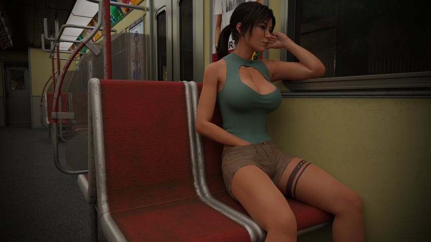 3d big_breasts brown_eyes brown_hair d.va hand_in_pants imminent_peeing lara_croft lara_croft_(survivor) looking_away overwatch overwatch_2 peeing shorts smutnysize subway tattoo tomb_raider tomb_raider_(survivor)