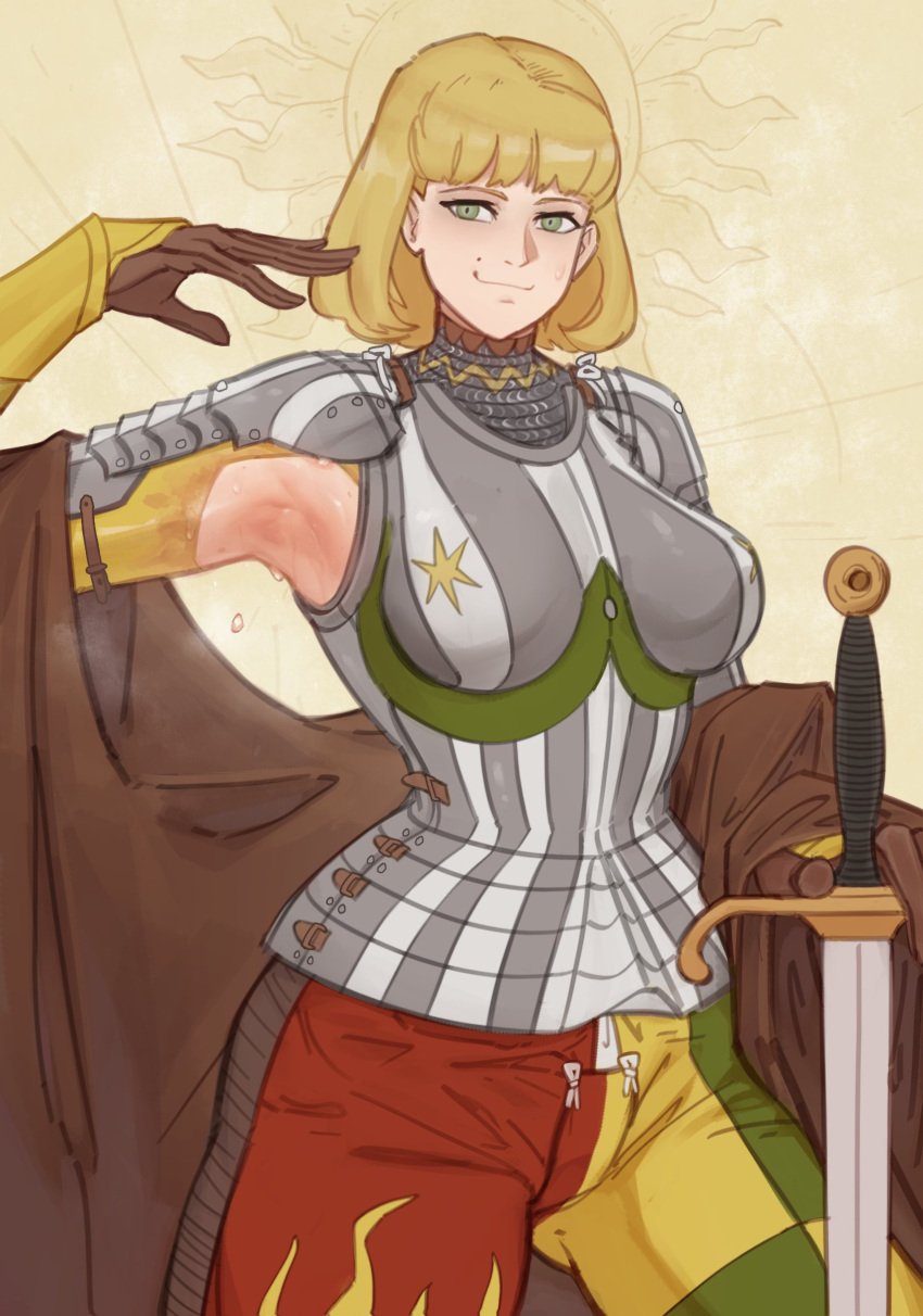 1girls armor armpit armpit_crease armpit_cutout armpit_fetish armpit_sweat armpits beauty_mark blonde_female blonde_hair bob_cut boobplate breastplate chainmail cloak cuirass female female_knight gloves green_eyes knight light-skinned_female light_skin longsword medium_hair mole mostly_clothed plate_armor sexy_armpits smile smiling smirk spaulders sweat sweating sweaty sweaty_armpit sweaty_armpits sword wassnonnam weapon