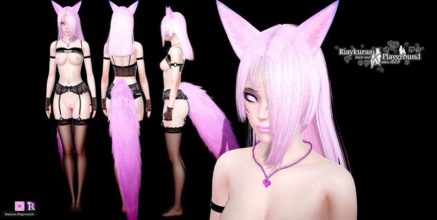 3d animal_ears animal_humanoid black_background black_legwear black_stockings breasts character_sheet female female_only fluffy_tail fox_ears fox_girl fox_humanoid fox_tail foxgirl hi_res high_resolution highres legwear lingerie multiple_poses necklace only_female picture pink_eyes pink_hair pink_lips pink_lipstick pink_tail qr_code riaykura riaykuras_playground self_upload simple_background stockings tail