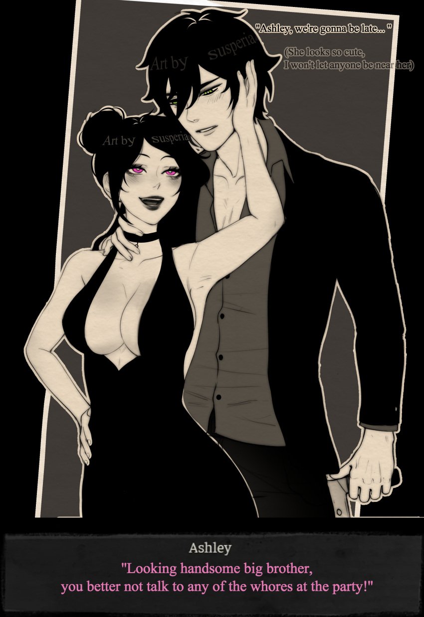 1boy 1girls andrew_graves ashley_graves black_dress black_hair blush breasts butcher_knife dialogue green_eyes incest pink_eyes siblings simple_background susperia the_coffin_of_andy_and_leyley