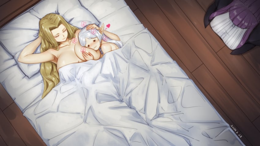 3girls :3 =_= =w= absurdres bed breast_pillow breasts brown_hair caught caught_in_the_act cuckquean cuddling elf elf_female female female_only fern_(sousou_no_frieren) frieren from_above grey_hair headpat heart highres large_breasts long_hair methode_(sousou_no_frieren) multiple_girls nude pointy_ears purple_hair qingmingtongzi sousou_no_frieren under_covers very_long_hair white_hair yuri