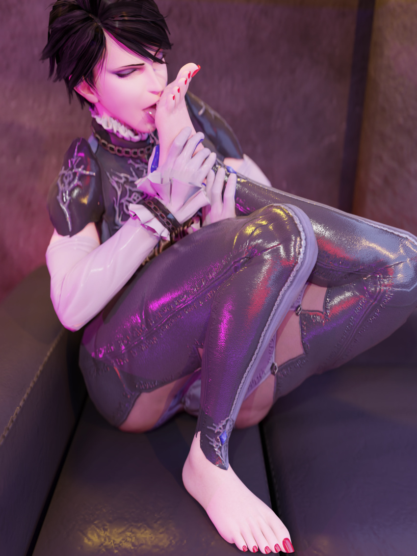 3d 3d_(artwork) barefoot bayonetta bayonetta_(character) bayonetta_2 blender blender_(software) blender_cycles feet foot_fetish foot_focus foot_worship hair insanis_(artist) licking licking_foot long_toenails partially_clothed red_toenails self_foot_worship self_upload short soles tagme toenail_polish toenails toes