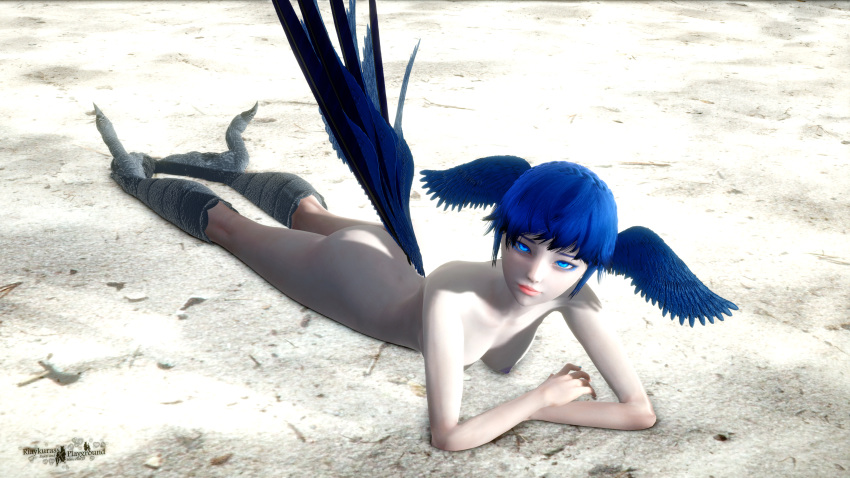 3d avian_feet avian_humanoid beach beach_background bird_feet bird_girl bird_humanoid blue_eyes blue_hair blue_nail_polish blue_nails blue_nipples female female_only final_fantasy final_fantasy_xiv harpy harpy_girl harpy_humanoid laying_down laying_on_stomach meteion naked naked_female nude nude_female riaykuras_playground self_upload solo wings wings_on_head