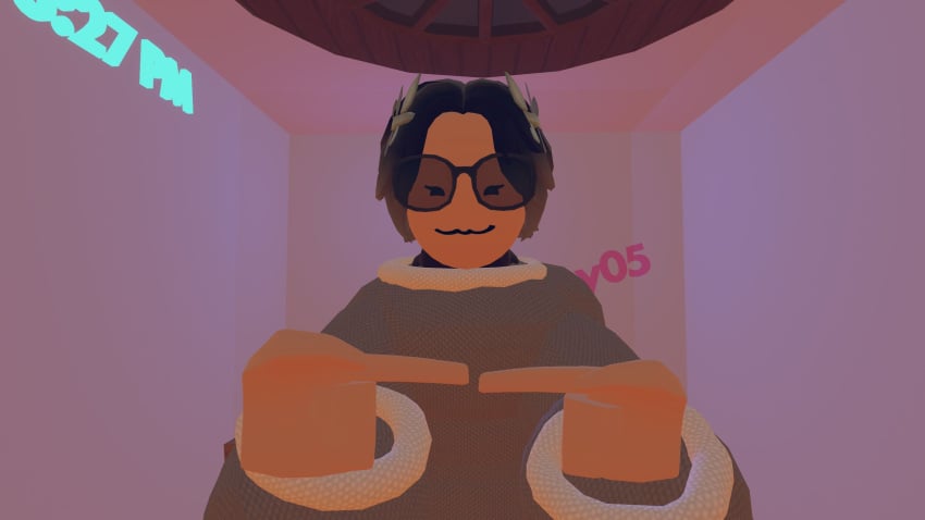 bed black_hair blanca_(rec_room) cute demithefemboy05 femboy fingers_together glasses happy rec_room rec_room_avatar