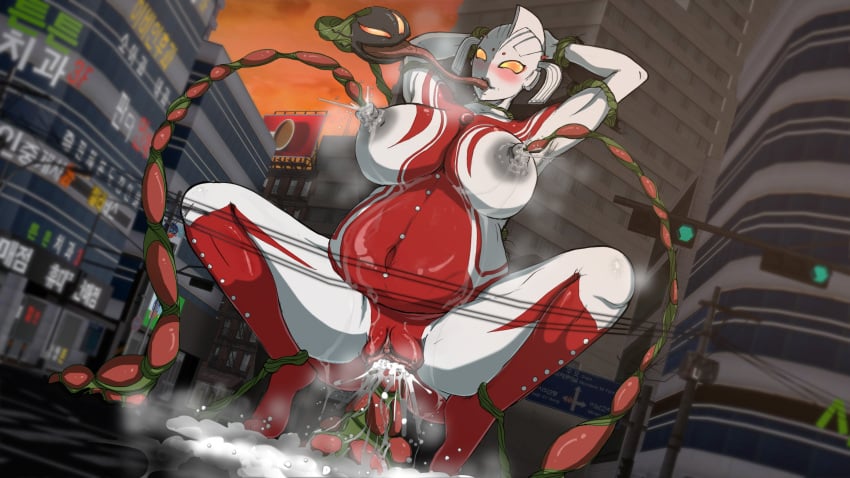 alien alien_girl alien_humanoid artist_request building building_destruction building_sex giantess large_breasts mother_of_ultra plant pregnant pregnant_female public public_sex rape ultraman_(franchise) ultrawoman ultrawoman_marie