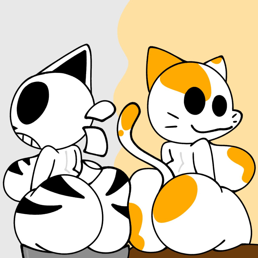 anthro ass bone buckat_(skeletonhearts) butts_touching domestic_cat duo duo_focus felid feline felis female female/female group hi_res klepta_(skeletonhearts) kleptocat kleptocats looking_back mammal rear_view short_stack sitting skeleton skeletonhearts