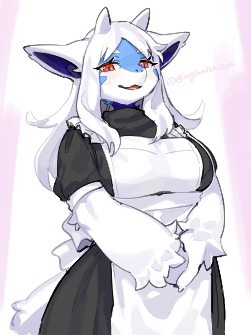 1girls anthro blush dragon female female_only furred_dragon hi_res horns kame_3 long_hair looking_at_viewer maid maid_uniform pointy_ears red_eyes smiling smiling_at_viewer solo