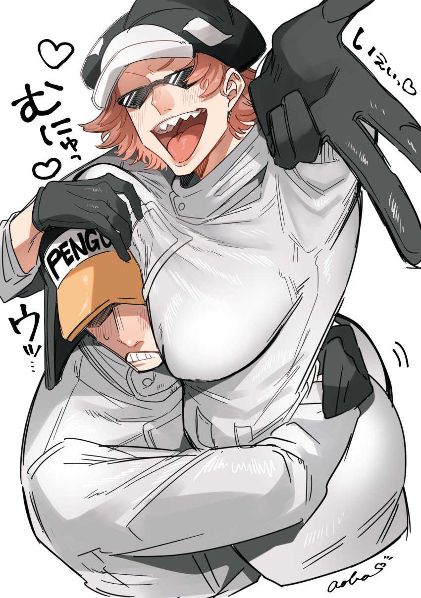 1boy 1girls aoba_3603 big_ass big_breasts blush breast_press breast_squish brown_hair canon_genderswap canonical_scene carrying_partner clenched_teeth covered_eyes embrace female fully_clothed genderswap_(mtf) gloves hat head_between_breasts headwear hug jumpsuit male one_piece open_mouth penguin_(one_piece) rule_63 shachi_(one_piece) sharp_teeth short_hair smile sunglasses