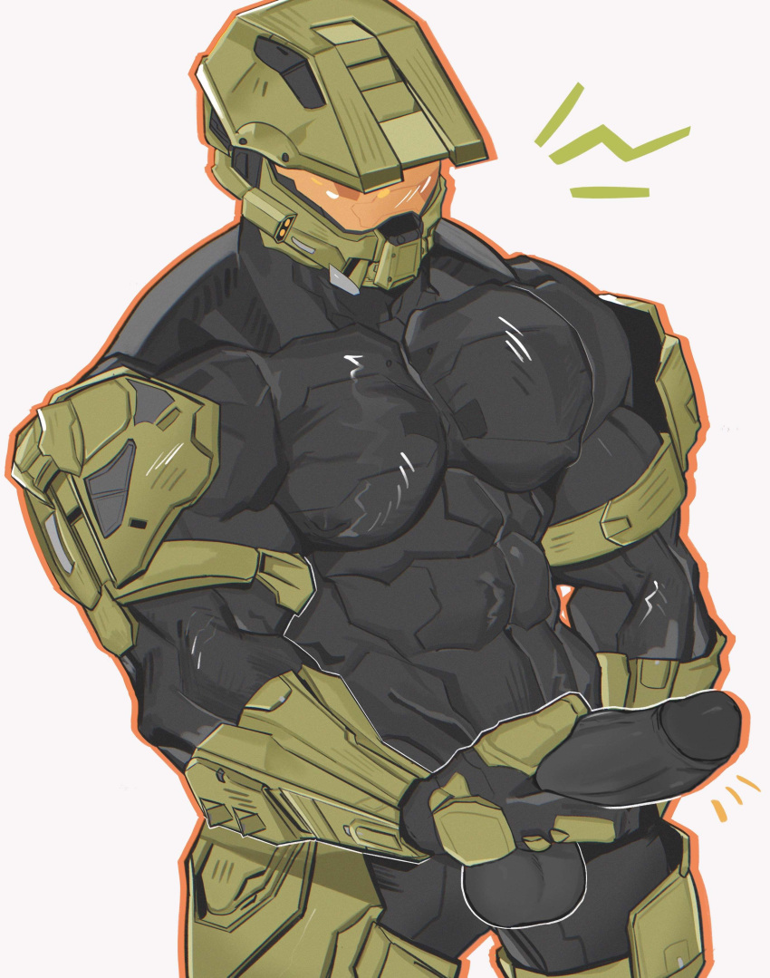 1boy armor balls bara barazoku big_bulge bulge clothing erection erection_under_clothes gay halo_(game) halo_(series) hand_on_penis helmet huge_bulge jaxcian lanhar_vids male male_focus male_only manly master_chief muscular_male penis penis_outline solo solo_male tight_clothing touching_penis yaoi