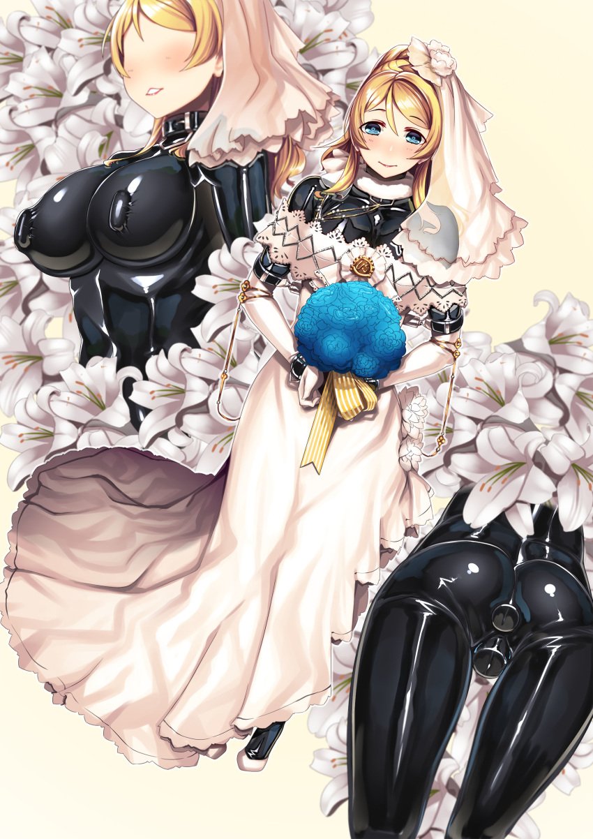 1girls absurdres anal_object_insertion anal_penetration ayase_eli bangs blonde_hair blue_eyes blush bodysuit bodysuit_under_clothes bondage bridal_veil bride choker clothed clothing cuffs dildo dildo_in_ass dildo_in_pussy dildo_penetration double_penetration dress eyebrows_visible_through_hair female female_focus female_only femsub flower handcuffs hiememiko highres insertion jewelry jpg large_breasts latex latex_bodysuit latex_suit love_live! love_live!_school_idol_project multiple_views object_insertion shiny shiny_clothes smile solo solo_female vaginal_insertion vaginal_object_insertion vaginal_penetration veil vibrator vibrator_in_ass vibrator_in_pussy vibrator_on_nipple vibrator_under_clothes vibrator_under_panties wedding_dress wedding_veil wireless_vibrator