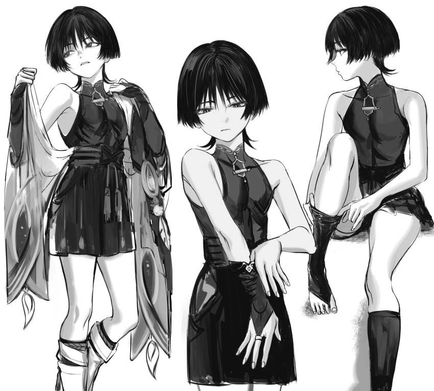 1boy black_and_grey black_and_white crossdressing femboy genshin_impact girly male_only pretty_boy scaramouche_(genshin_impact) taking_clothes_off