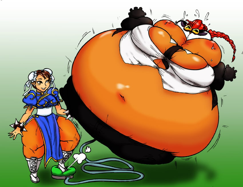 2girls cheeks_inflation chun-li crimson_viper eyes_bulging female foot_pump guro inflation multiple_girls street_fighter street_fighter_iv thick_thighs uber_inflation yer-keij-fer-cash