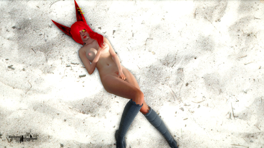 3d beach beach_background bird_feet bird_girl bird_humanoid black_nail_polish black_nails breasts facepaint female female_only harpy harpy_girl harpy_humanoid league_of_legends nails naked naked_female nude nude_female red_hair riaykuras_playground self_upload solo xayah yellow_eyes