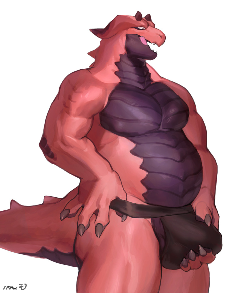 anthro balls bebebebebe biped bottomwear clothed clothing dragon erection genitals hi_res loincloth male male_only open_mouth red_body simple_background skimpy solo white_background