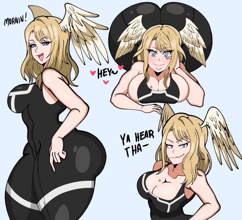 1girls ass blonde_hair blue_eyes breasts cleavage clothed dat_ass dialogue english_text eunie_(xenoblade) female head_wings hips huge_ass huge_breasts light-skinned_female light_skin long_hair nintendo shingattai thick_lips thick_thighs thighs wide_hips wings wings_on_head xenoblade_(series) xenoblade_chronicles_3