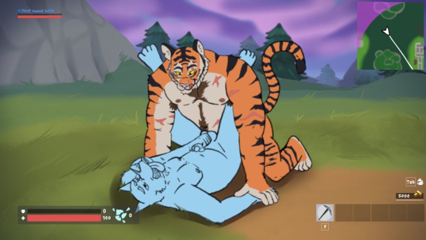 anthro armpit_hair belly_scales body_hair duo epic_games felid fortnite from_front_position happy_trail huskyralvar lying male male/male mammal missionary_position moobs nipples on_back on_top oscar_(fortnite) pantherine penetration scales scar scars_on_thighs sex slightly_chubby stripes tail tiger tongue tongue_out ych_(character)