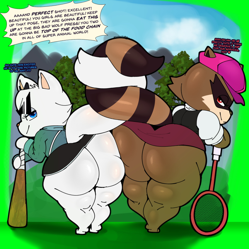 absurd_res anthro ass baseball_bat bat_(object) big_butt bottomless brown_body brown_fur clothed clothing domestic_cat english_text felid feline felis female female_(lore) fur green_screen hat headgear headwear hi_res mammal persian_cat pixile_studios procyonid raccoon softestpuffss super_animal_royale tennis_racket text thick_thighs white_body white_fur wrapping_tails