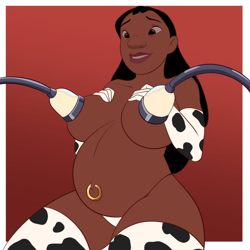 canoartnsfw cow_print dark-skinned_female disney gigantic_breasts hucow lactation lilo_and_stitch milking_machine nani_pelekai piercing pregnant