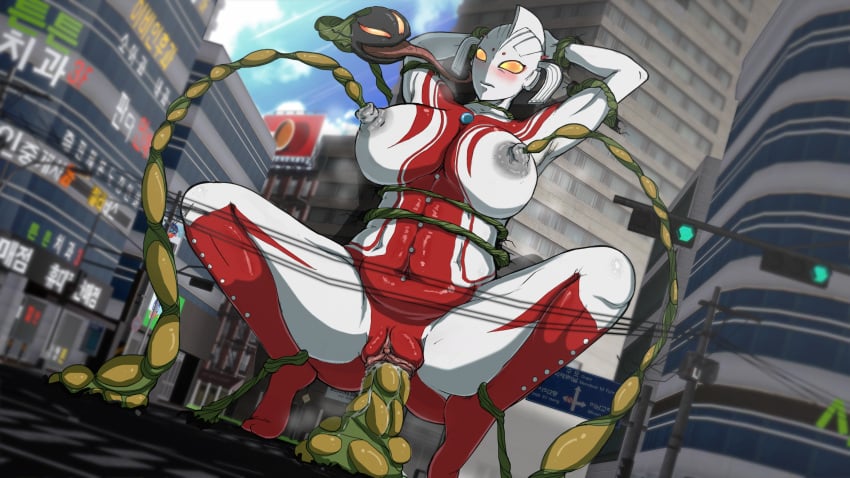 alien alien_girl alien_humanoid artist_request building building_destruction building_sex giantess large_breasts mother_of_ultra plant public public_sex rape ultraman_(franchise) ultrawoman ultrawoman_marie