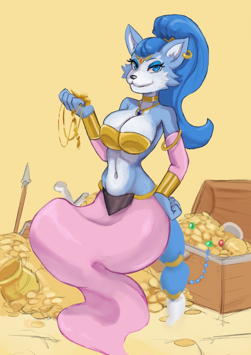 1girls anthro belly_dancer belly_dancer_outfit blue_eyes blue_fur blue_hair cleavage collar female fox_ears fox_girl fox_humanoid genie harem_girl harem_outfit huge_breasts krystal long_hair mohmohpd necklace nintendo no_humans ponytail smile solo star_fox treasure white_fur