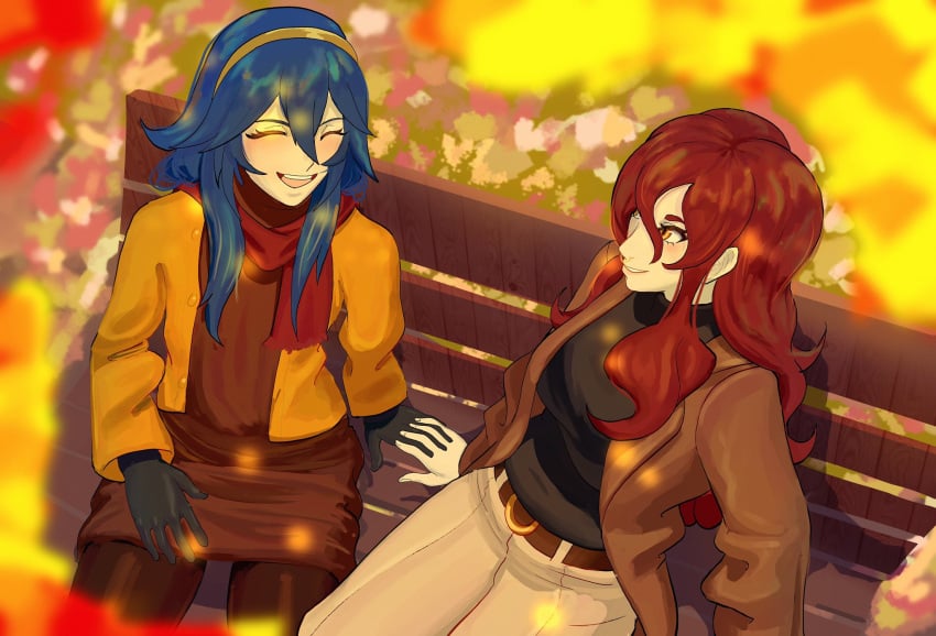 2girls alternate_hairstyle blue_hair cordelia_(fire_emblem) female female_only fire_emblem fire_emblem_awakening hiddenfuchsia holding_hands lucina_(fire_emblem) multiple_girls nintendo not_porn outside park_bench red_hair redfushsia romantic_ambiance wholesome yuri