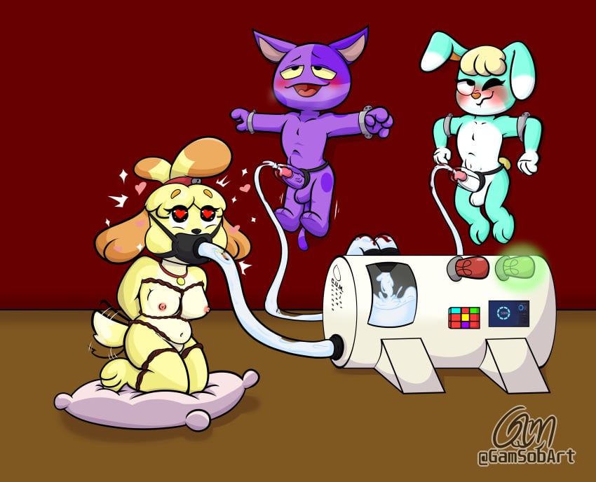 ahe_gao alternate_version_available animal_crossing blush bob_(animal_crossing) bondage chibi cum cum_in_mouth cum_machine cumming cumming_together cumshot dick eating_cum feeding_cum feeding_tube gamsobart_(artist) isabelle_(animal_crossing) machine nintendo nipples pillow sasha_(animal_crossing) small_breasts swallowing swallowing_cum tube