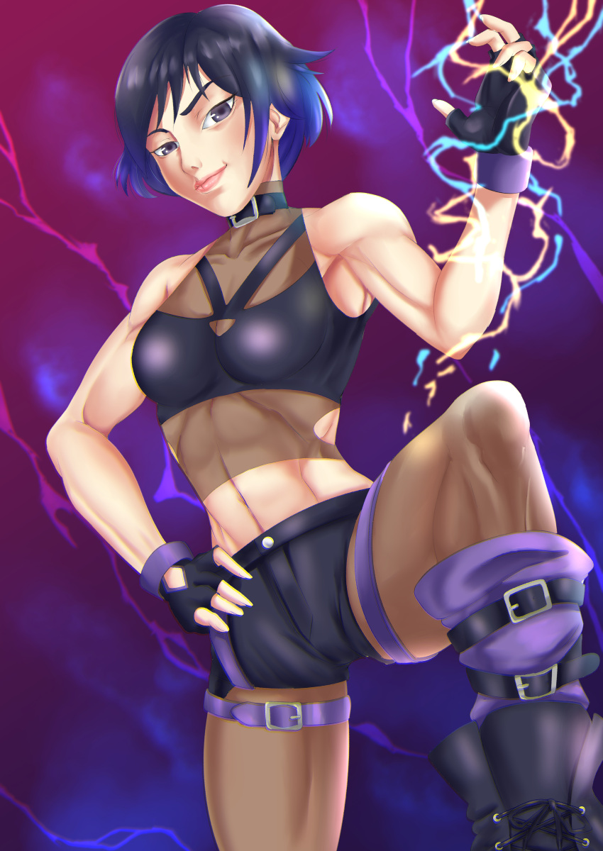 1girls alluring athletic_female black_and_purple_hair female_abs fit_female lightning medium_breasts namco pantyhose purple_eyes reina_mishima reverend shoes shorts sports_bra tekken tekken_8