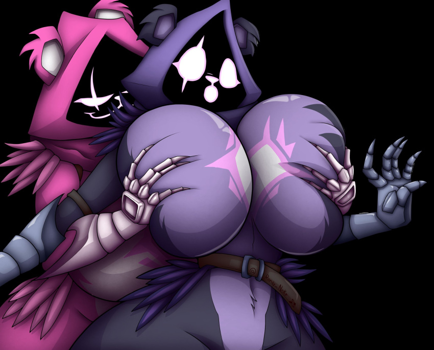 anthro bear_ears big_ass big_breasts big_butt big_thighs breast_grab breast_squeeze fortnite fortnite:_battle_royale furry gauntlets glowing_eyes grabbing grabbing_breasts grabbing_from_behind huge_breasts huge_thighs large_ass large_breasts large_butt large_thighs massive_breasts no_background pink_eyes purple_eyes question_mark randy_&_nakrax_(artist) raven_team_leader red_eyes revgelty searching searchlight sharp_claws surprised_expression surprised_face wide_hips