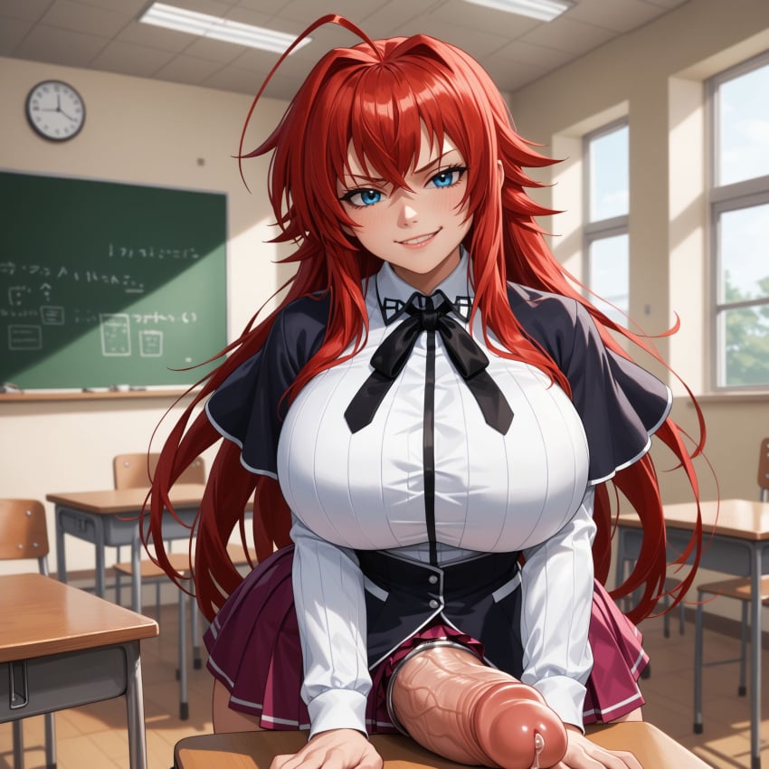 1futa ahoge ai_generated balls big_balls big_breasts big_cock big_dick big_penis blue_eyes blush classroom cock_ring domination dripping_precum erect_penis futa_focus futanari high_resolution high_school_dxd highres huge_breasts indoors large_breasts leaning_on_table long_hair long_sleeves looking_at_viewer purple_skirt red_hair rias_gremory solo solo_focus solo_futa spectreai thick_hips uncensored uniform upper_teeth veiny_penis white_shirt