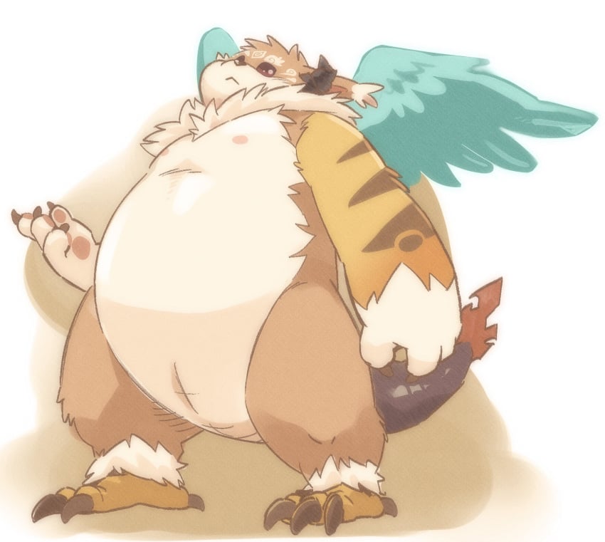 animal_genitalia anthro belly black_eyes chimera claws cloaca crave_saga feet fur garouzuki genitals hi_res horn male neck_tuft nipples nude orange_body orange_fur ortho_(crave_saga) overweight solo talons toes tuft wings