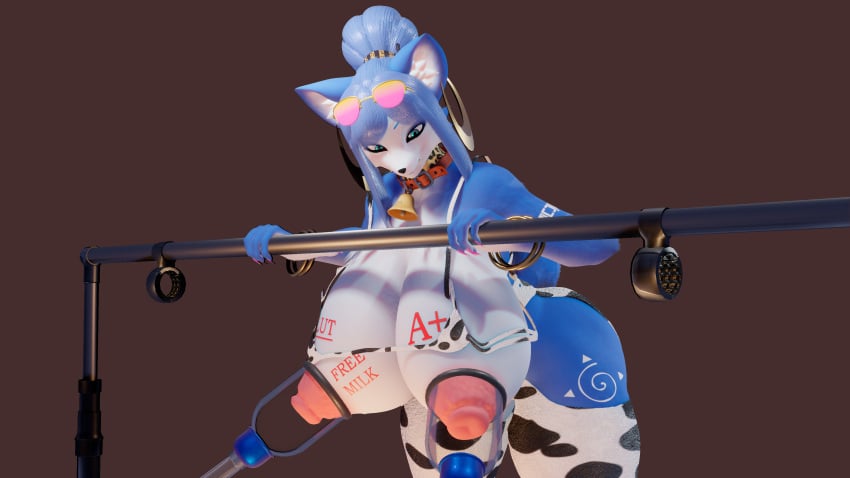 1girls 3d 3d_(artwork) anthro areolae background big_ass big_breasts big_butt big_nipples blue_body blue_fur blush breast_milking collar cow_print cowbell curvy curvy_figure female fox fur furry furry_ears furry_tail gigantic_breasts huge_breasts huge_nipples jinushi_san krystal krystal_(dogzeela) lactation lipstick markings milking milking_machine nipples star_fox tagme tail thick_thighs thighs wide_hips women_livestock