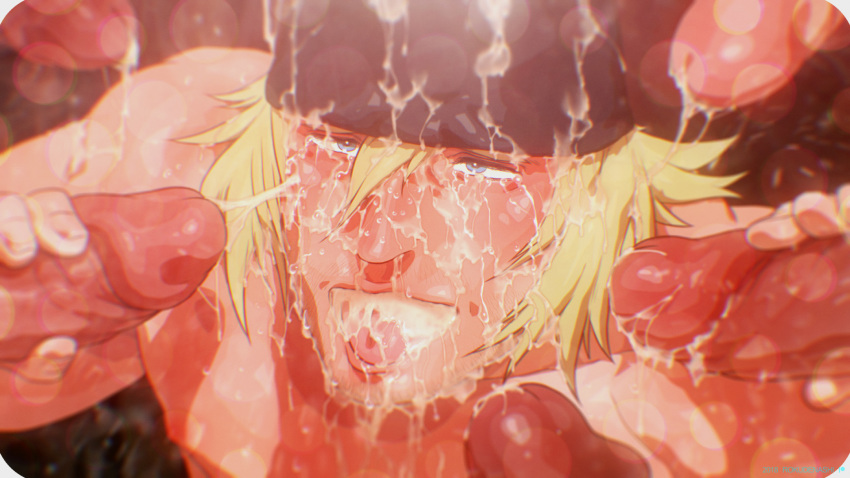 ahe_gao bara blonde_hair blue_eyes blush bukkake cum cum_in_mouth cum_inside cum_on_body cum_on_face drooling erection excessive_cum facial facial_hair fellatio final_fantasy final_fantasy_i final_fantasy_xiii gay handjob hat highres male male_focus male_only muscle naughty_face open_mouth oral pecs penis penis_grab rokudenashi saliva smile snow_villiers sweat tongue yaoi