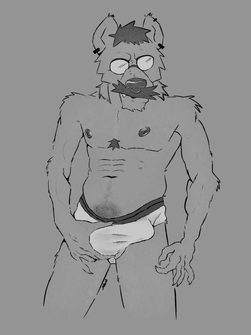 absurd_res anthro body_hair bulge canid canine chest_hair chest_tuft claws clothed clothing detailed_bulge digital_media_(artwork) ear_piercing erection eyewear facial_hair fangs fur genital_outline glasses grey_background grin hair hi_res humanoid hyena looking_at_viewer male male_only mammal monochrome moustache navel nipples penis_outline piercing presenting pubes pubes_exposed sharp_teeth simple_background smile solo sowo teeth tuft underwear