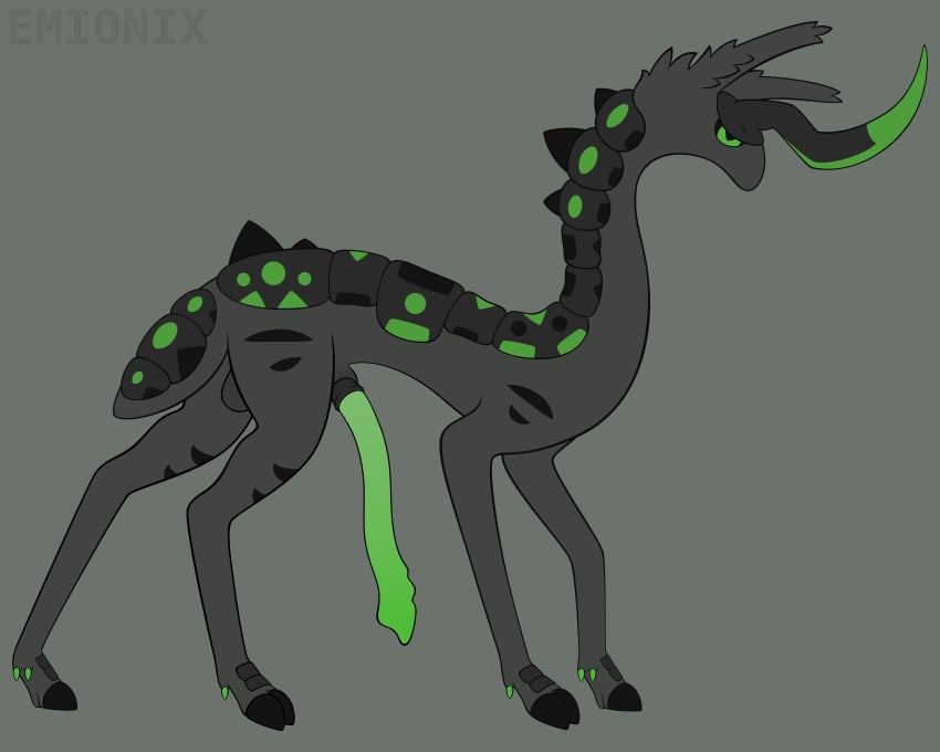 1_horn absurd_res animal_genitalia animal_penis artist_name balls big_penis black_markings black_sclera black_scutes cloven_hooves darkened_balls darkened_genitalia darkened_sheath dewclaw_hooves emionix feral flat_colors fur genitals green_eyes green_markings green_penis grey_background grey_balls grey_body grey_fur grey_sheath half-erect hi_res hoofbeast hooves horn lidded_eyes long_ears long_neck long_penis male markings mouthless nonbinary_(lore) noseless omnigon omnitope pawn_(emx) penis pupils quadruped scutes sheath short_tail side_view simple_background slim slim_feral slim_male slit_pupils snout solo solo_male spikes spikes_(anatomy) standing striped_markings stripes tail tapering_snout text thick_tail thin_legs thin_penis toony unguligrade