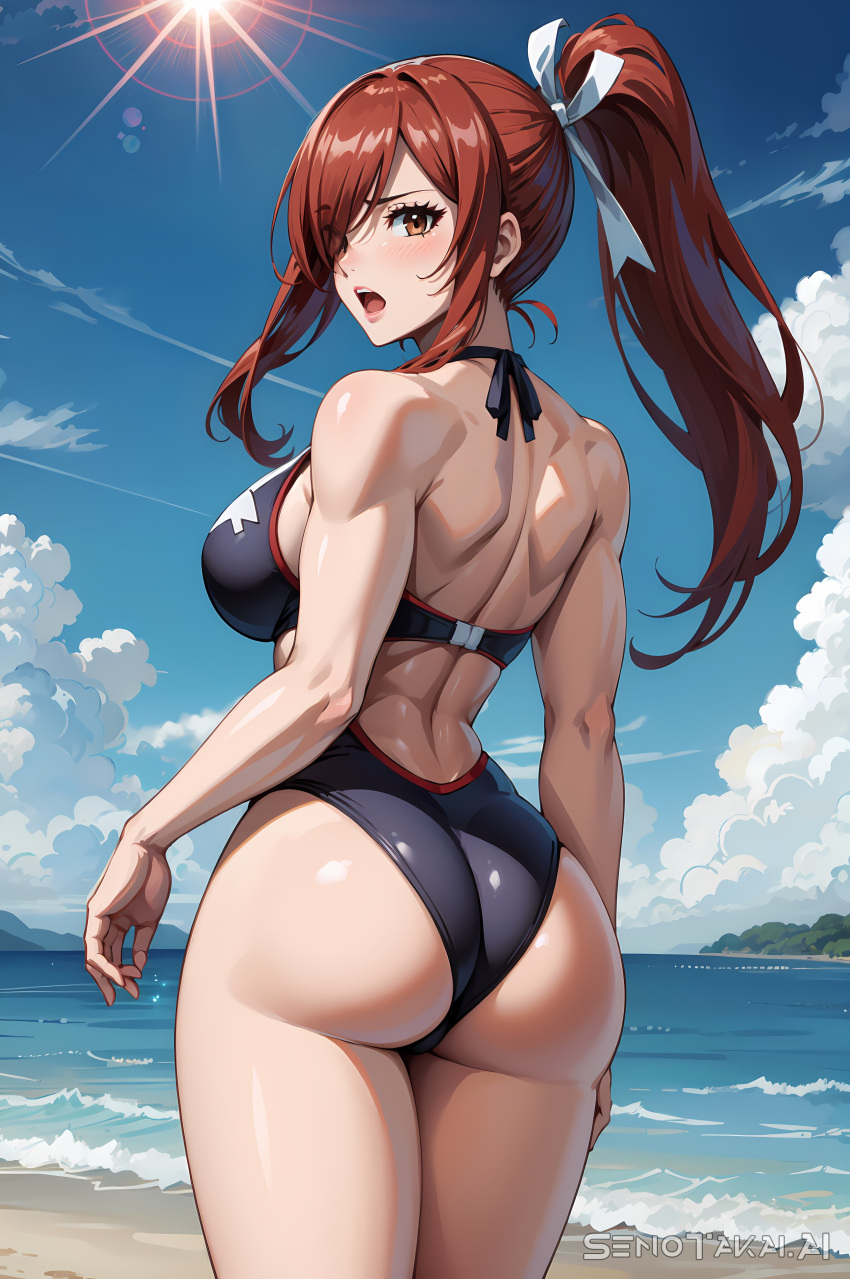 1girls ai_generated ass ass ass_focus back back_view bare_arms bare_legs bare_shoulders bare_thighs beach big_ass big_breasts big_butt blush clothed clothing color erza_scarlet fairy_tail female female_focus female_only hi_res large_breasts light-skinned_female light_skin long_hair looking_at_viewer looking_back muscular muscular_back muscular_female open_mouth red_eyes red_hair sand senotakai_ai solo solo_female swimsuit tagme thick_thighs water