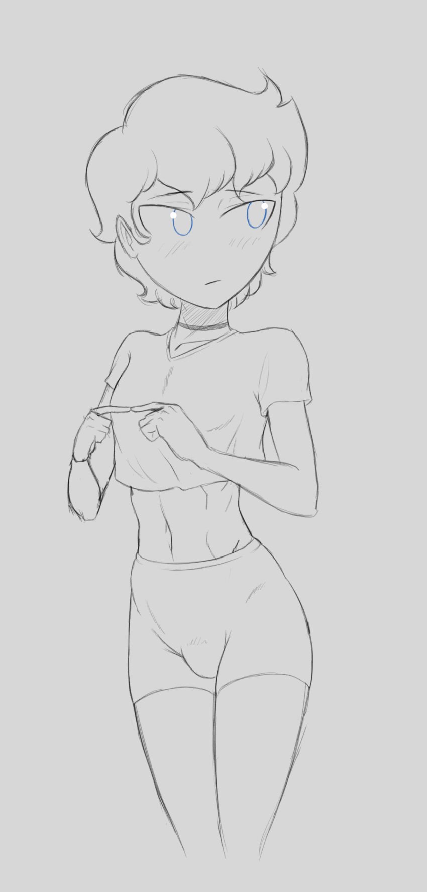 1boy 2023 abs blue_eyes bulge choker cobalt_(ytg) crop_top embarrassed femboy feminine_male human itzal monochrome pinup short_hair shorts shy skinny solo tomgirl twink