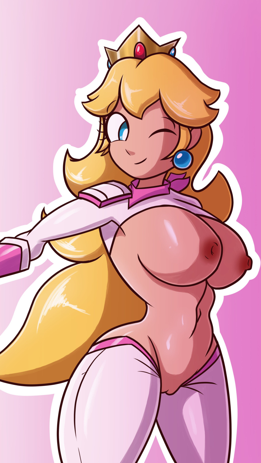 1girls 2023 areolae blonde_hair blue_eyes bodysuit breasts clothing crown earrings female female_only gradient_background human human_only large_breasts mario_(series) navel nintendo nipples nude one_eye_closed princess_peach pussy robveemo smile solo standing super_mario_bros._(2023_film) very_long_hair