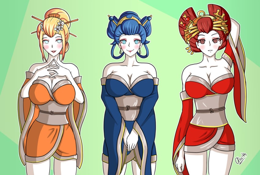 3girls @_@ alerith alternate_costume alternate_hairstyle bare_shoulders big_breasts blonde_hair blue_eyes blue_hair blush brainwashing breasts cleavage crossover erza_scarlet fairy_tail female female_only femsub fire_emblem fire_emblem_awakening geisha geisha_hair geishafication happy_trance hypnosis japanese_clothes kimono large_breasts lucina_(fire_emblem) makeup metroid mind_control multiple_girls multiple_subs nintendo oiran post_transformation red_eyes red_hair samus_aran shimada_hairstyle shoulders smile spiral_eyes white_skin