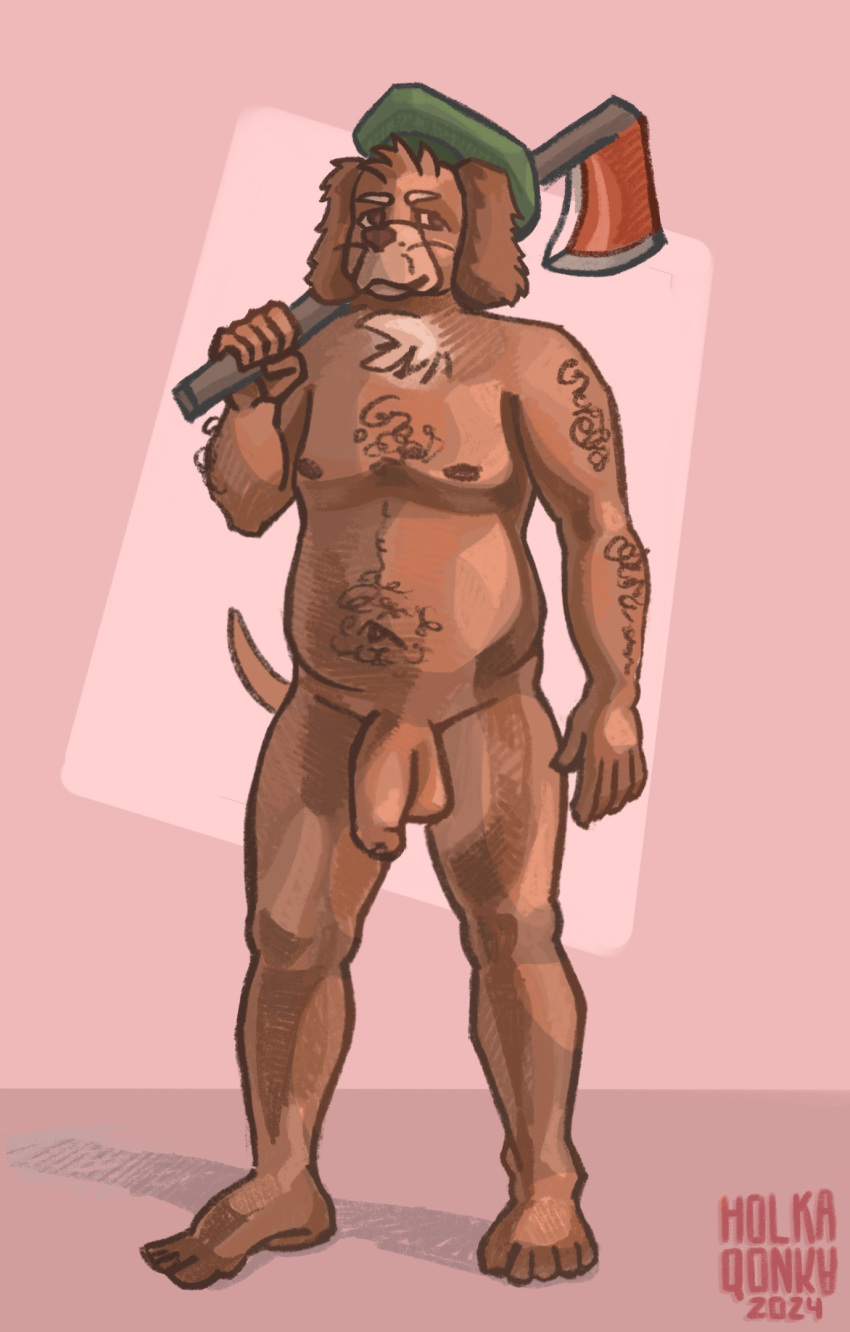 anthro axe balls belly body_hair canid canine flaccid foreskin full-length_portrait genitals hi_res holkaqonka humanoid_genitalia humanoid_penis male mammal neck_tuft penis portrait solo tuft unretracted_foreskin