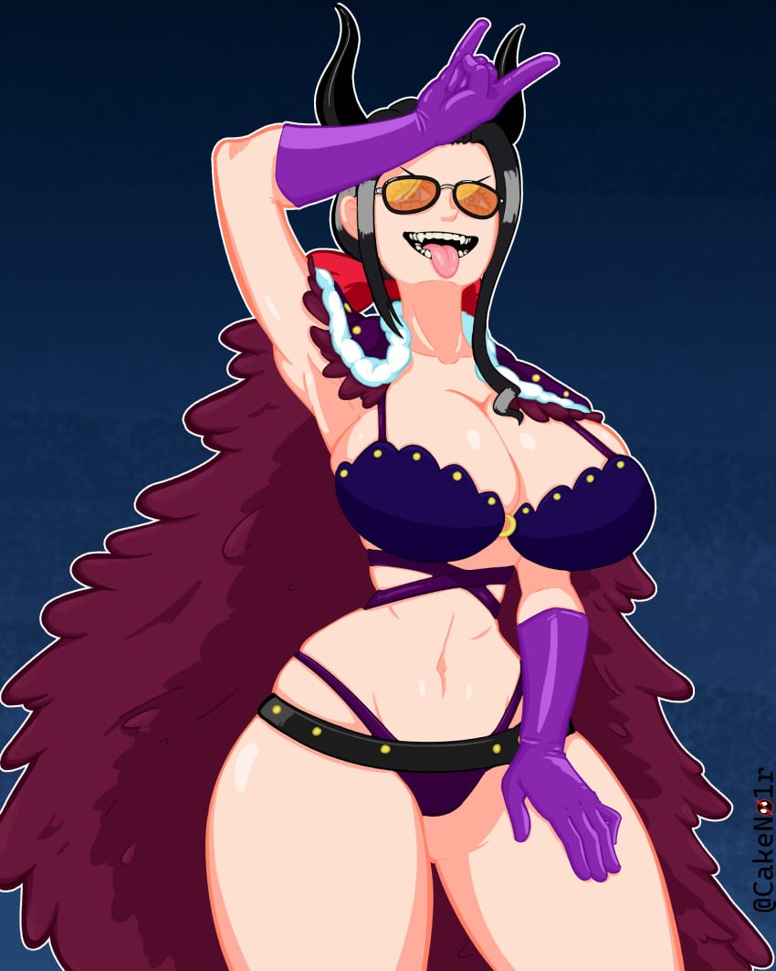 1girls 2023 \m/ absurd_res beast_pirates beast_pirates_(cosplay) big_breasts black_hair female female_only horns long_hair looking_at_viewer nico_robin odiniix one_piece orange-tinted_eyewear post-timeskip smiling smiling_at_viewer solo sunglasses thick_thighs tinted_eyewear tongue_out