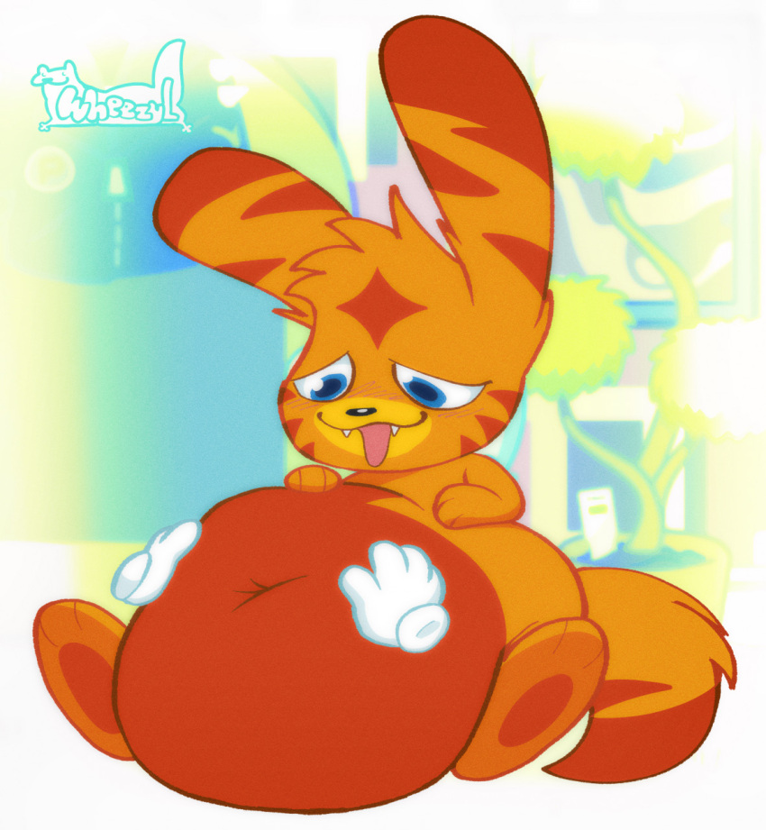 belly big_belly blush disembodied_hand disembodied_hands fat fluffy fondling katsuma katsuma_(species) moshi_monsters paws sitting smiling squeamsel tagme tongue tongue_out