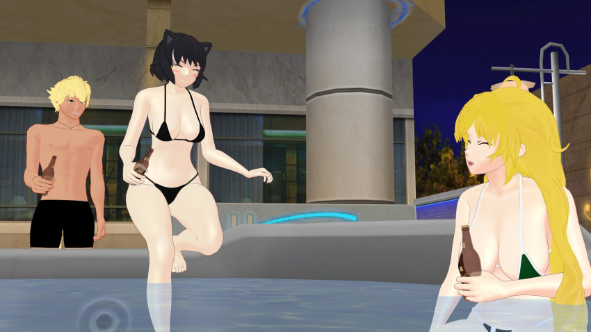 1boy 2girls beer_bottle bikini bikini_bottom bikini_top black_hair black_hair_female blake_belladonna blonde_female blonde_hair cat_ears purple_eyes rwby sun_wukong_(rwby) theblackbirdcalls yang_xiao_long yellow_eyes