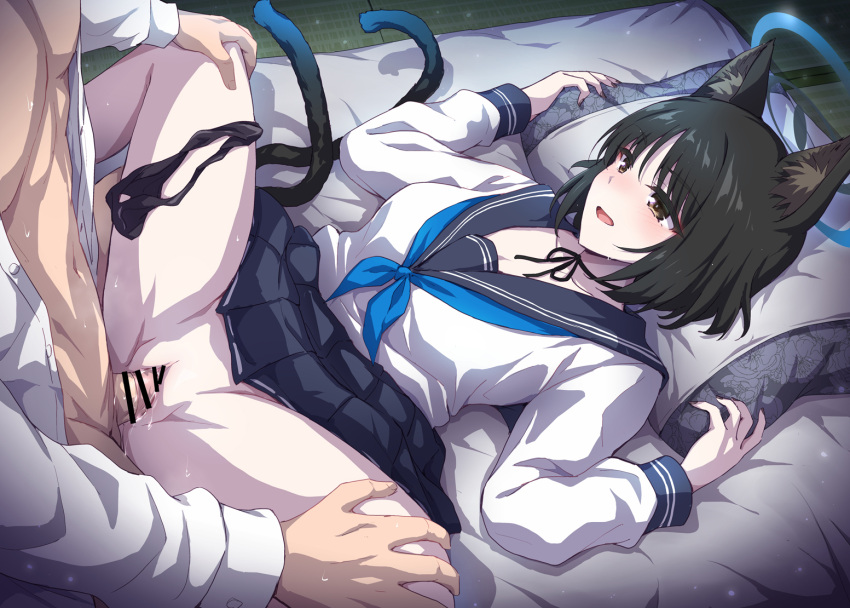 1boy 1girls allied_hyakkiyako_academy_student animal_ears black_choker black_hair black_sailor_collar black_skirt blue_archive blue_neckerchief brown_eyes cat_ears cat_girl censored choker clothed_sex female hyakkaryouran_conflict_resolution_council_(blue_archive) kikyou_(blue_archive) light-skinned_female light-skinned_male light_skin long_sleeves lying marugoshi_(54burger) multiple_tails neckerchief on_back open_mouth penis sailor_collar school_uniform serafuku sex shirt short_hair skirt smile spread_legs straight tail vaginal_penetration white_shirt