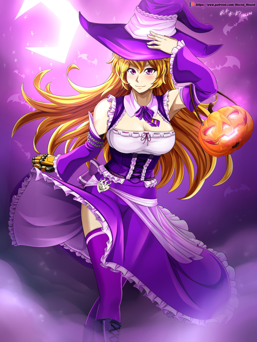 blonde_female blonde_hair cleavage hocen long_hair long_hair_female purple_eyes robotic_arm rwby witch witch_hat witch_outfit yang_xiao_long