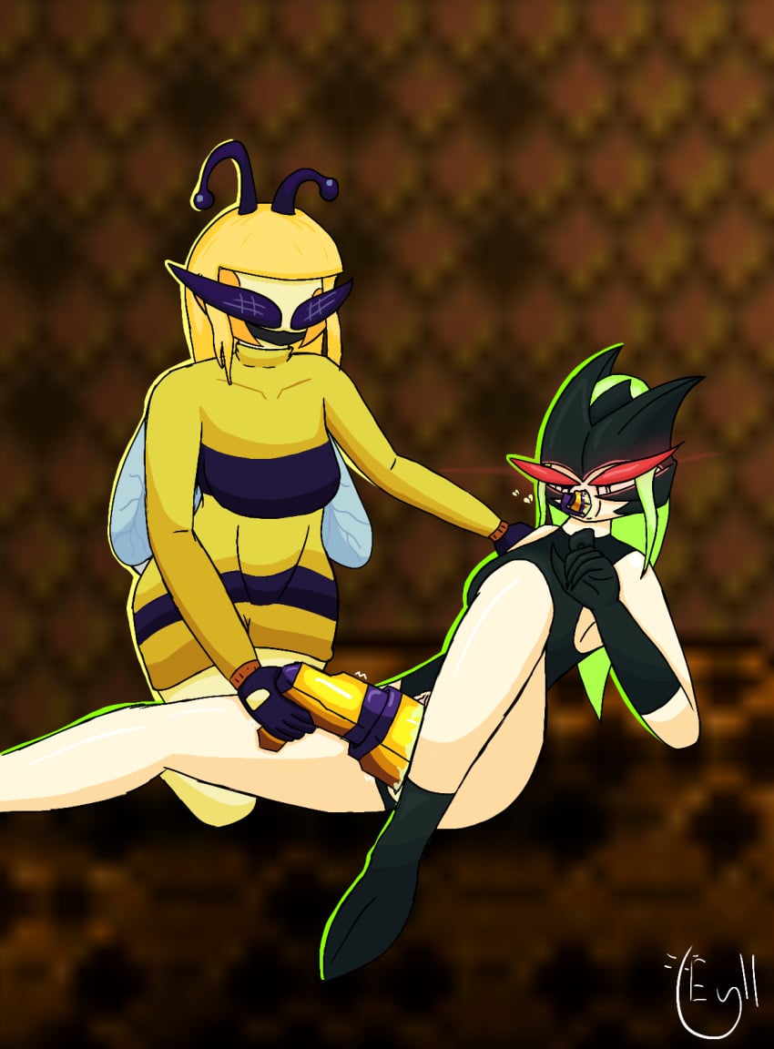 2girls asian asian_female bee bee_girl bodily_fluids calamity_mod eyllmao female_only forced gijinka gun_in_pussy milf multiple_girls object_in_mouth object_in_pussy penetration plaguebringer_goliath queen_bee_(terraria) rape terraria vaginal_penetration